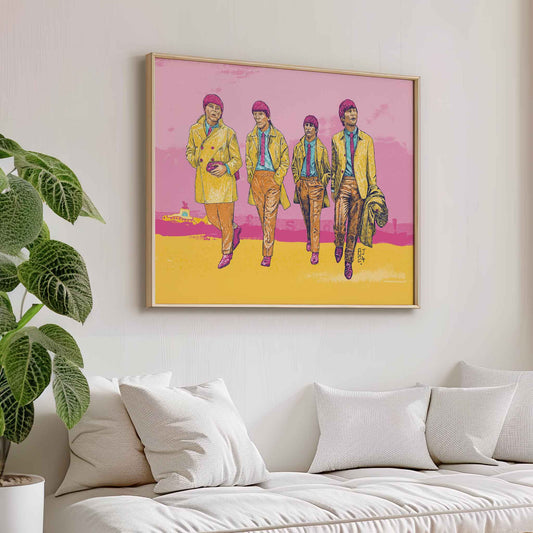 Pop-art style illustration of The Beatles in colourful coats, walking confidently in a bright retro setting.