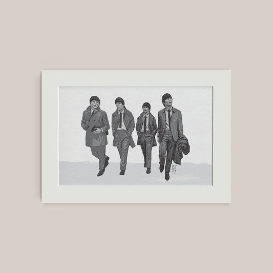 Black and white illustration of The Beatles walking in stylish coats and suits.