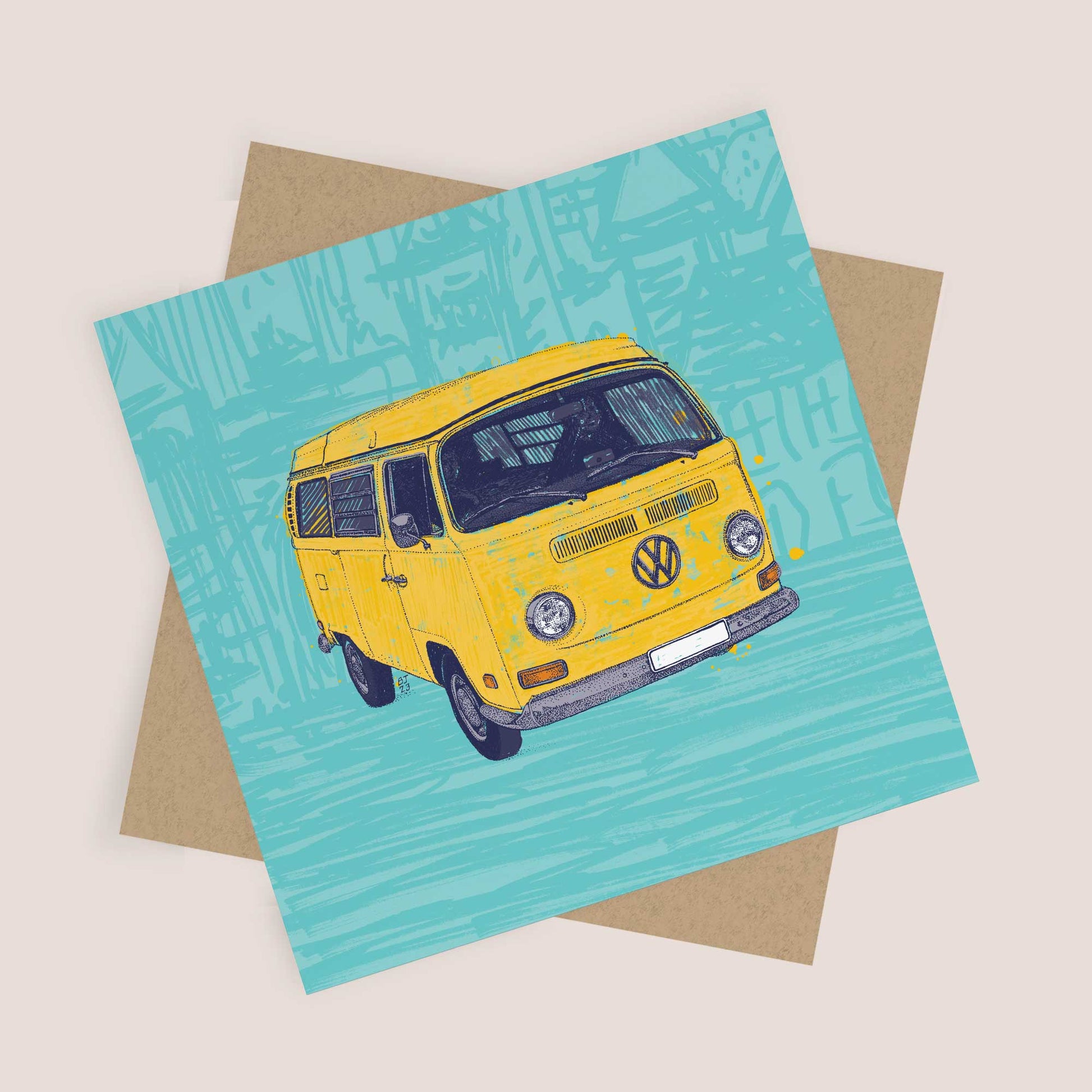 Illustration of a vintage yellow VW camper van on a turquoise background, designed as a greeting card.