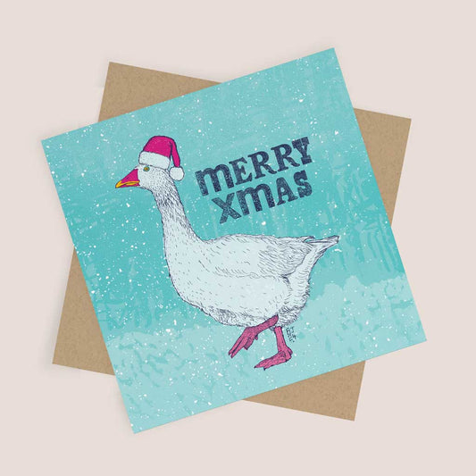 Illustration of a goose wearing a Santa hat with the text “Merry Xmas” on a snowy turquoise background.