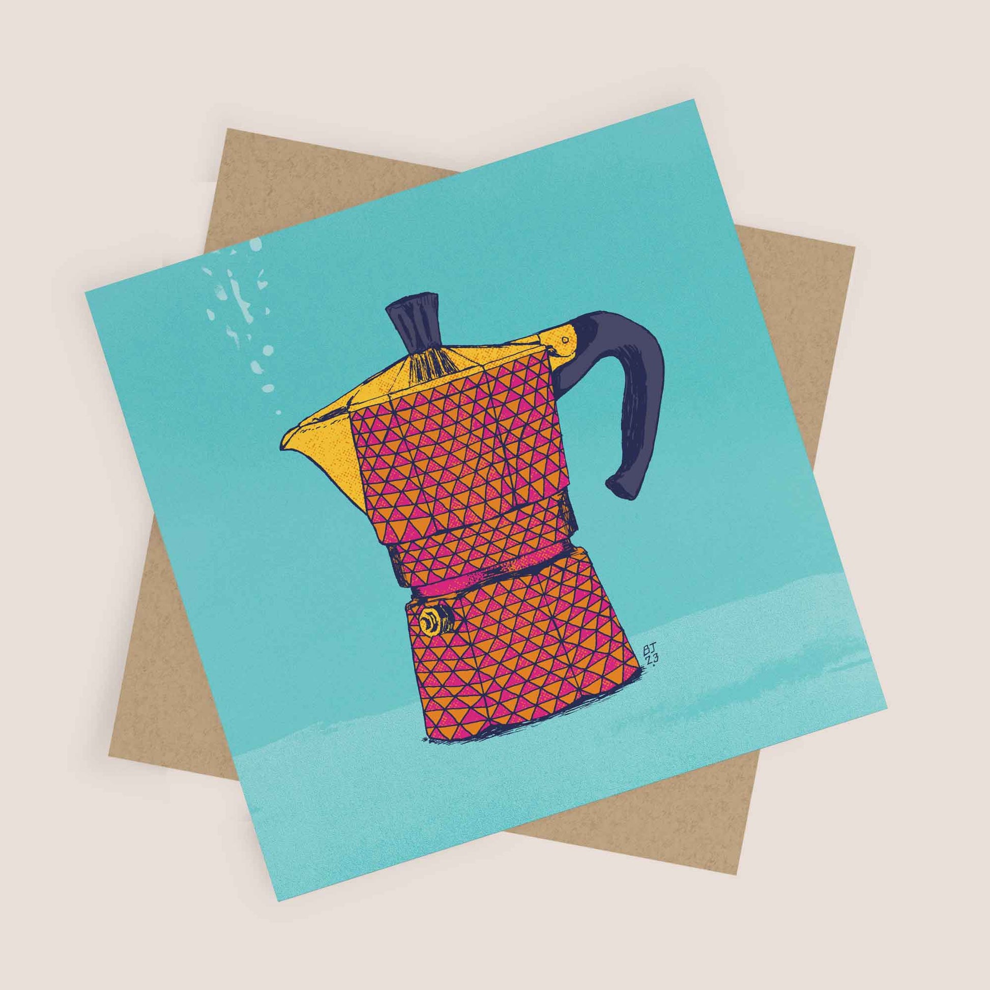 Vibrant greeting card featuring a detailed illustration of a colourful Moka pot on a bright blue background.