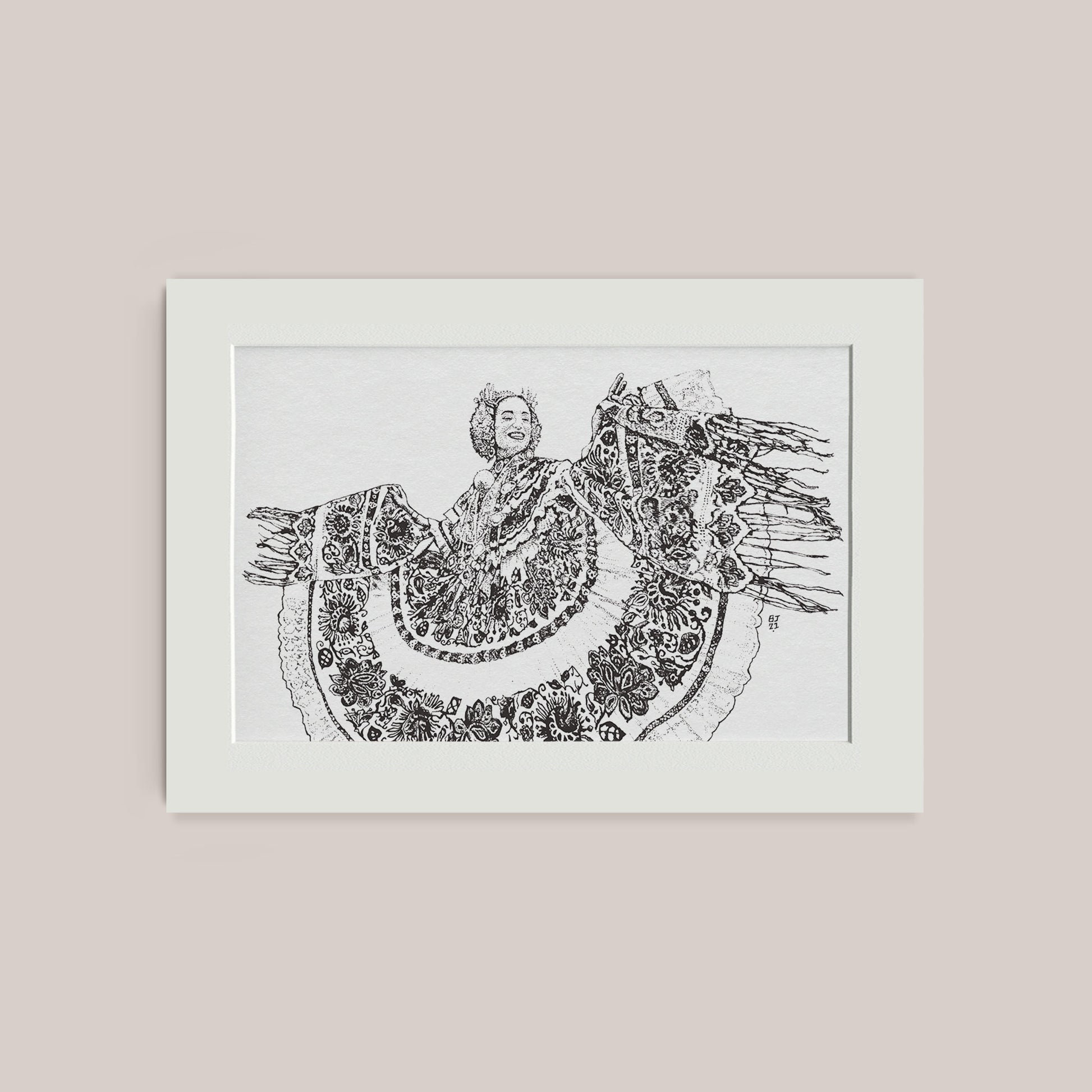 Detailed mounted black and white drawing print of Panama traditional dress Pollera 
