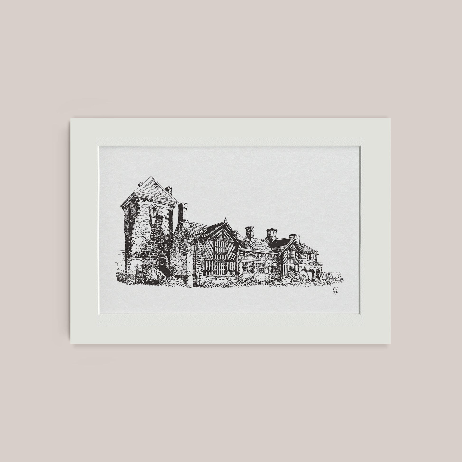 Detailed mounted black and white pen drawing print of Shibden Hall