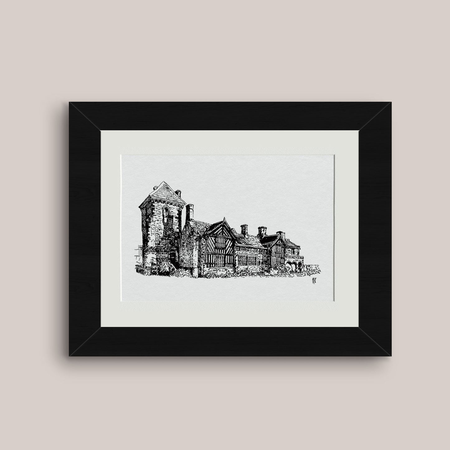 Detailed mounted black and white pen drawing print of Shibden Hall, black frame