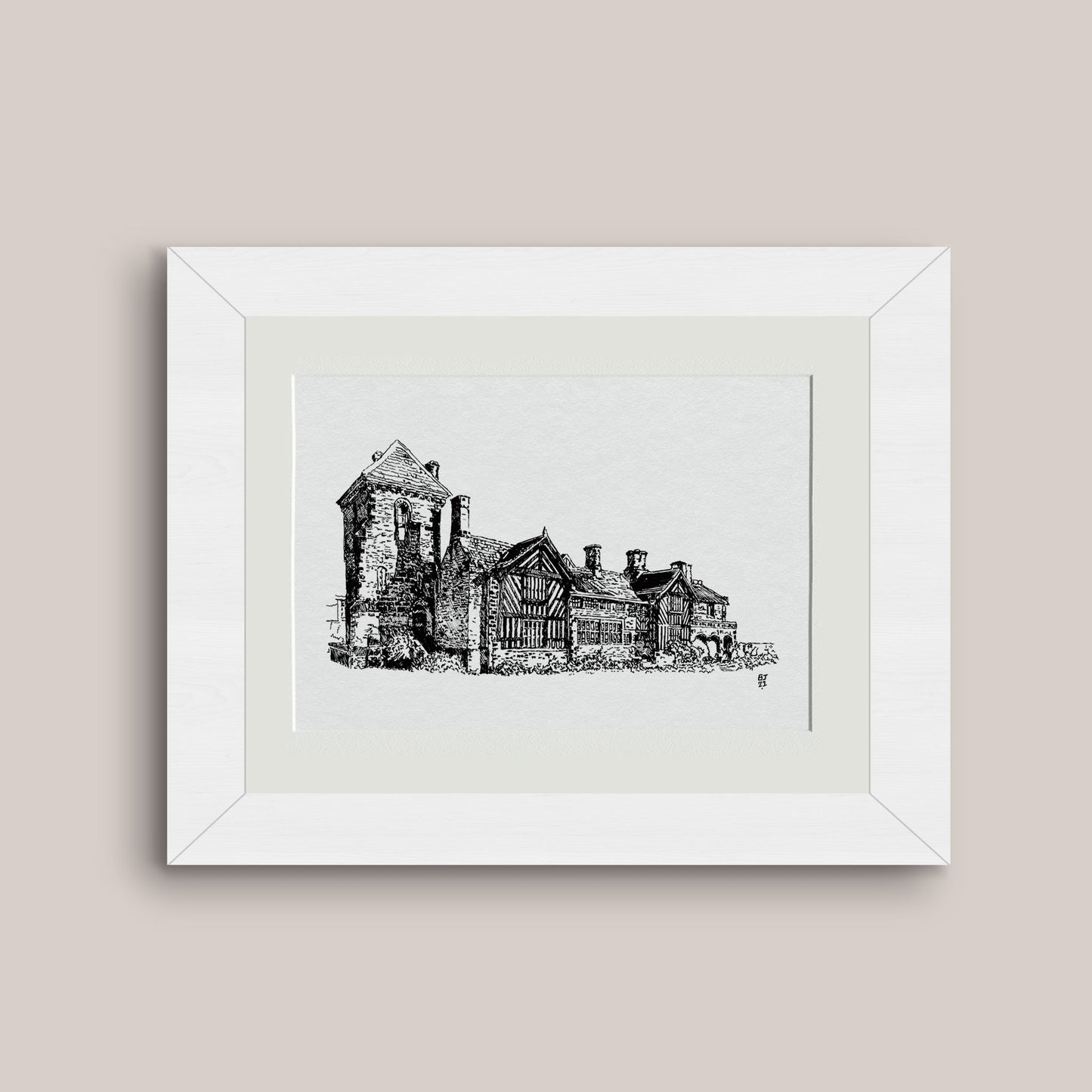 Detailed mounted black and white pen drawing print of Shibden Hall, white frame