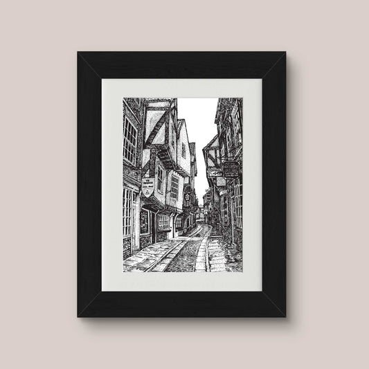 The Shambles York detailed pen drawing print with black frame