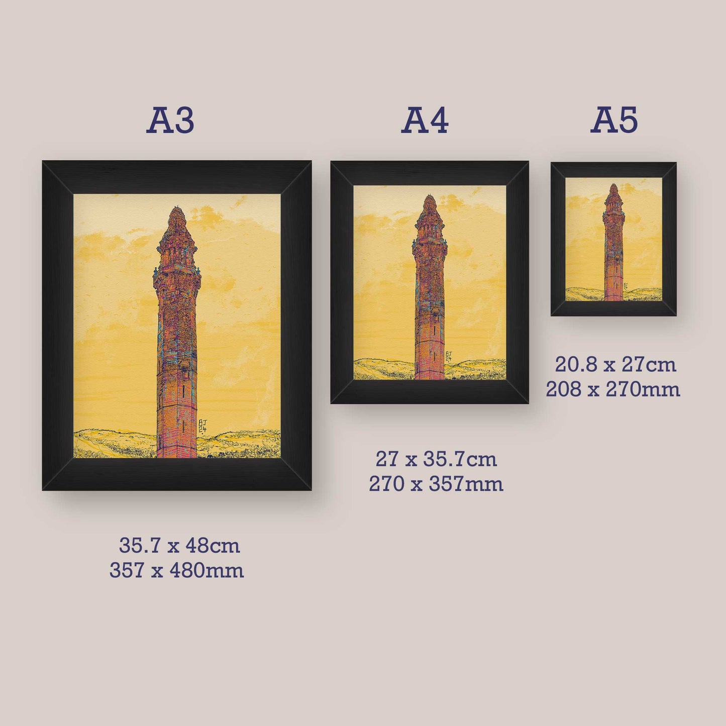 Wainhouse Tower print with black frame - frame sizes for A3, A4 and A5 prints