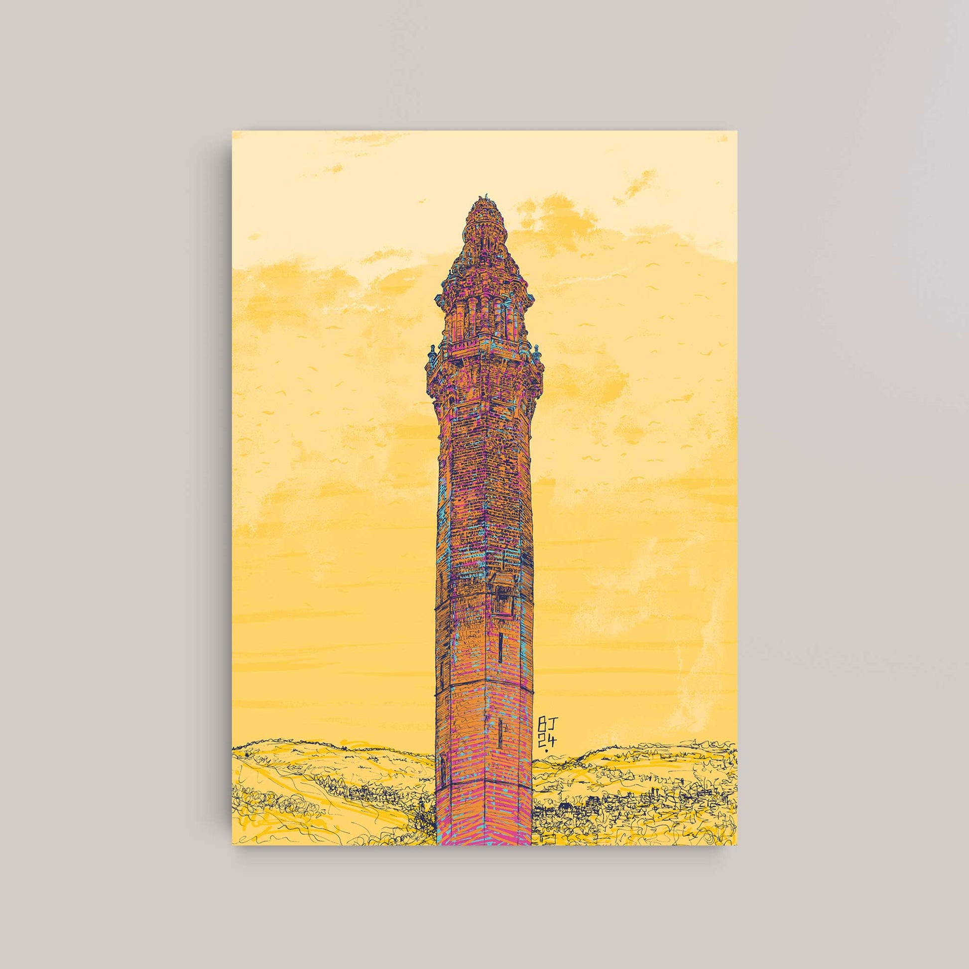 Wainhouse Tower print, Halifax landmark, sunny yellow background, perfect for home decor or architecture lovers.