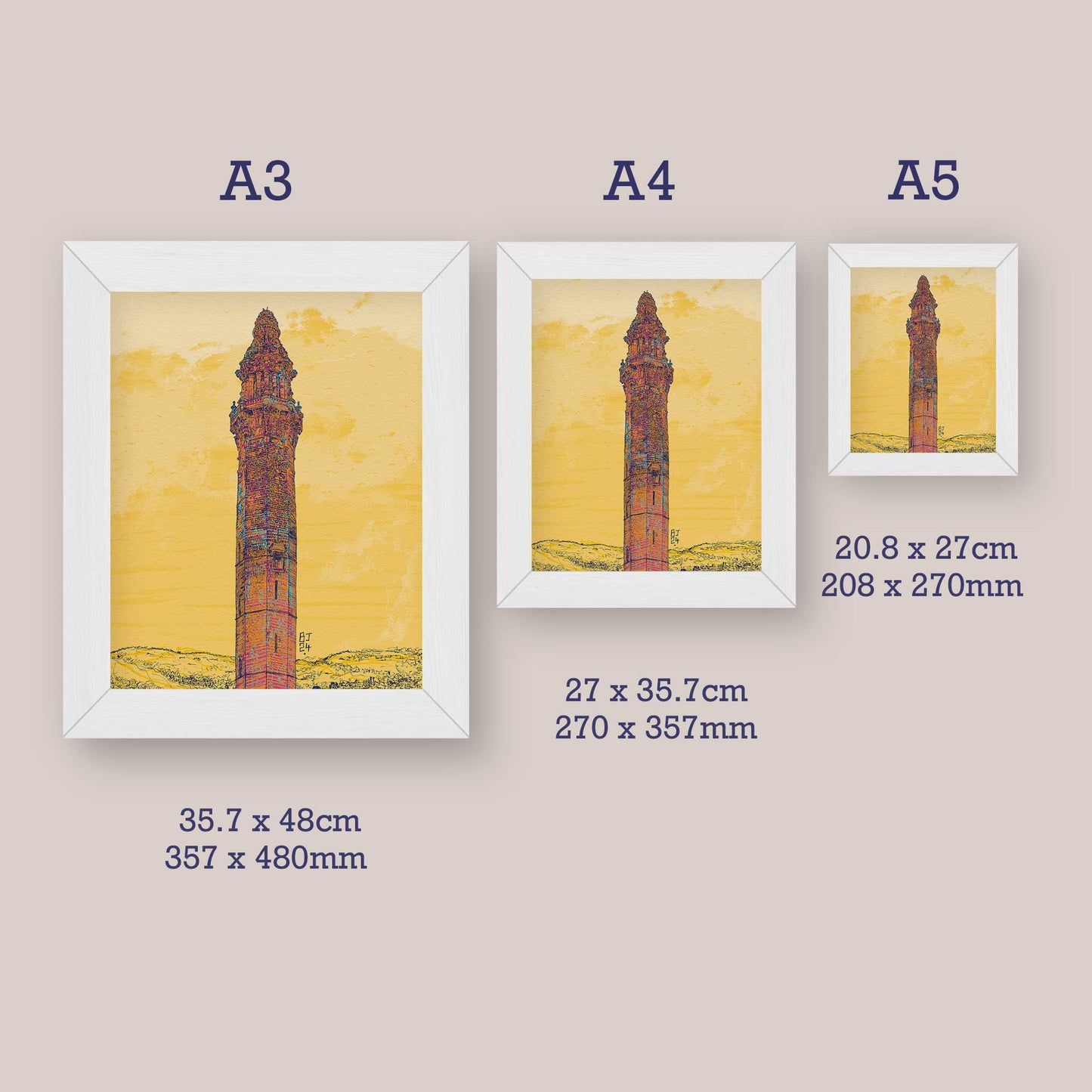 Wainhouse Tower print with white frame - frame sizes for A3, A4 and A5 prints