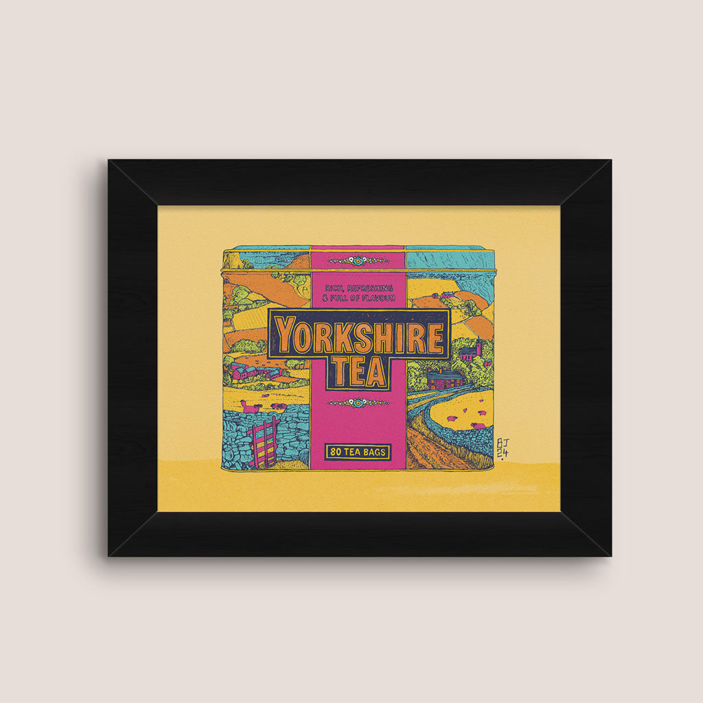 Colourful illustration of Yorkshire Tea box - black frame