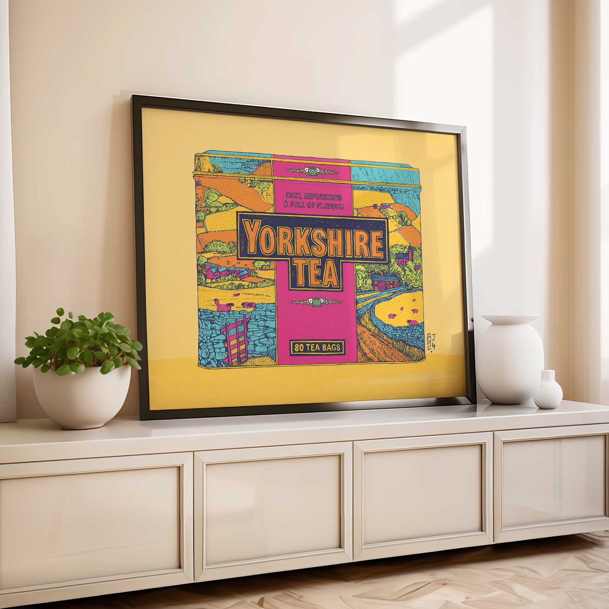 A colourful illustration of a Yorkshire Tea box featuring vibrant colours.