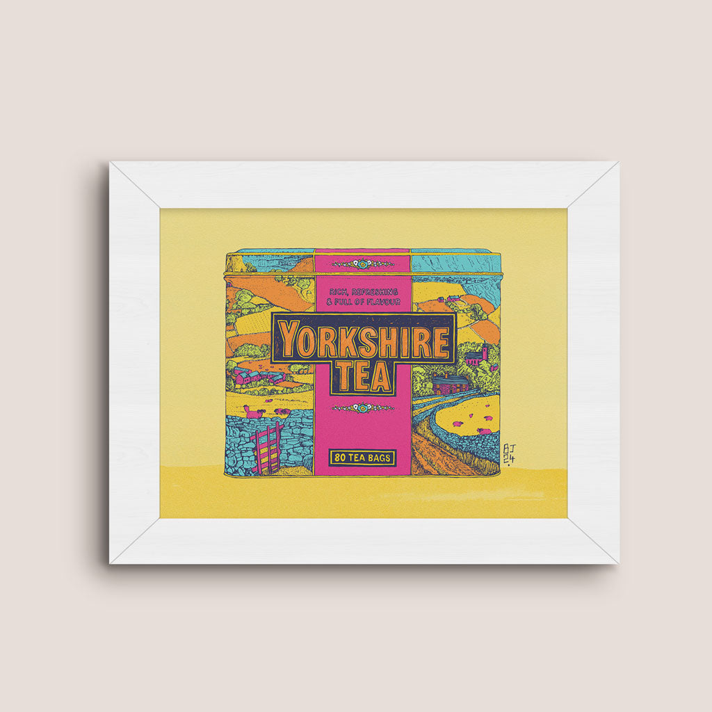 Colourful illustration of Yorkshire Tea box - White  frame