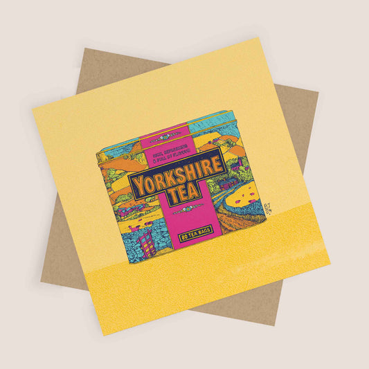 Greeting card featuring iconic Yorkshire Tea Box Pop art design - blank inside