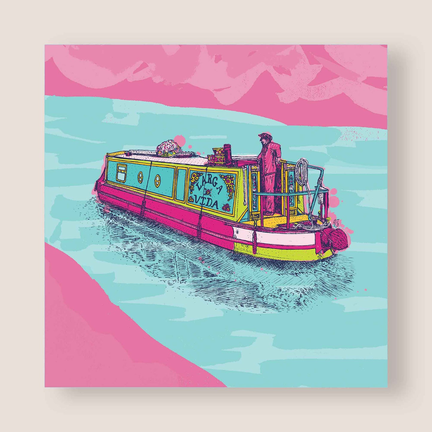 Narrow Canal Boat Greeting Card | Vibrant Digital Art - Bejojoart