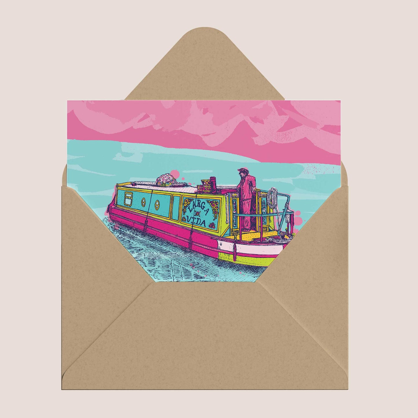 Narrow Canal Boat Greeting Card | Vibrant Digital Art - Bejojoart