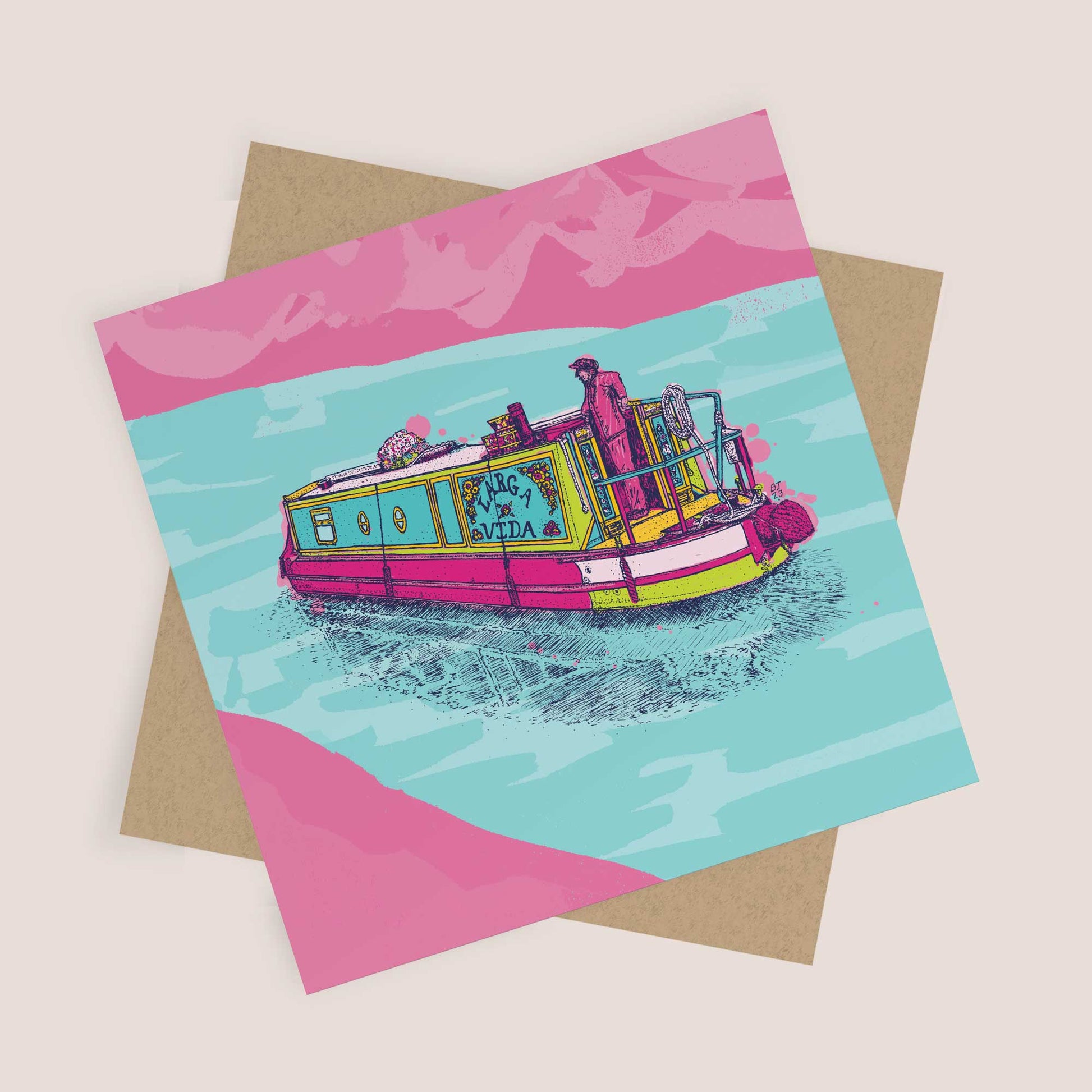 Narrow Canal Boat Greeting Card | Vibrant Digital Art - Bejojoart