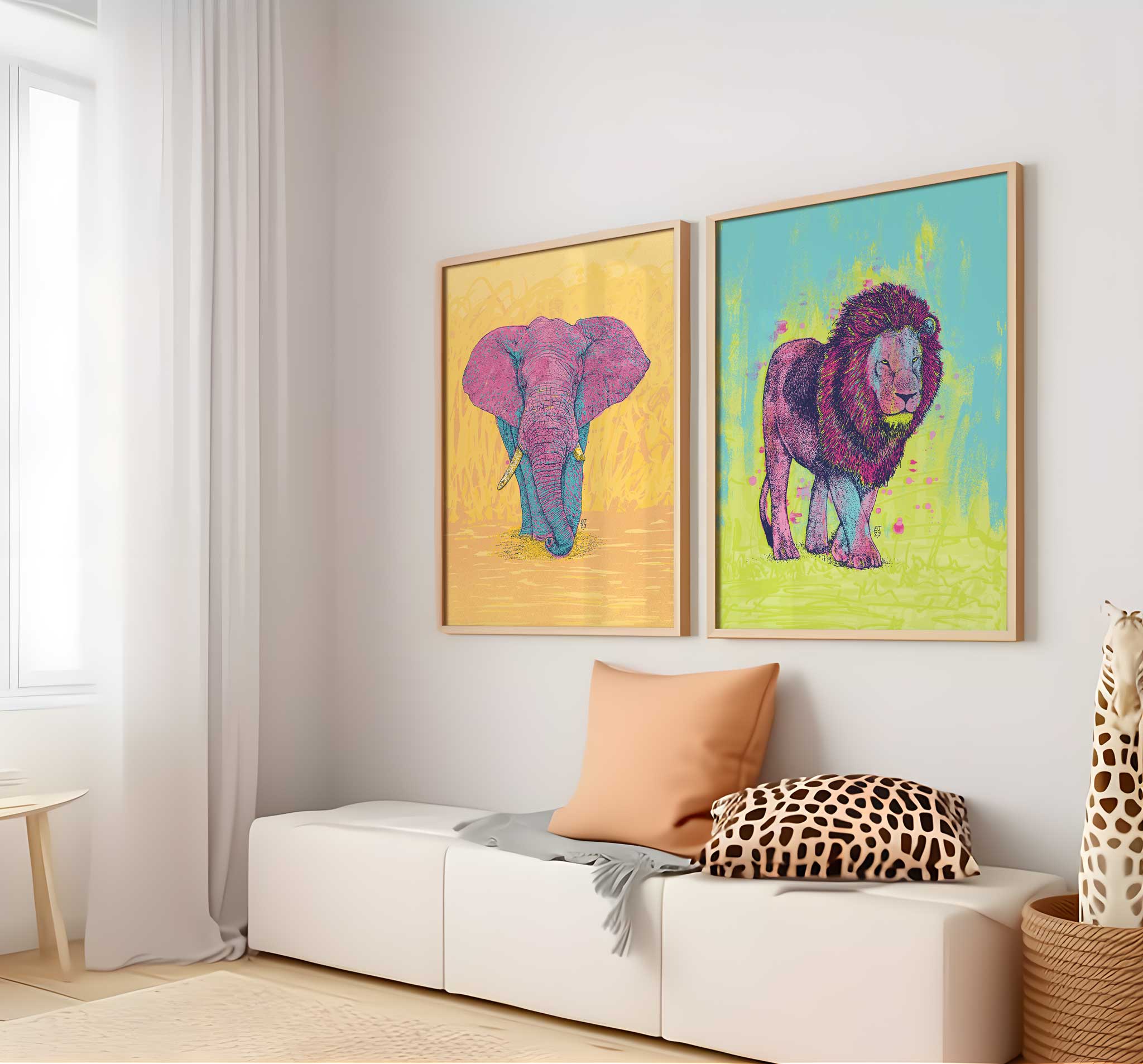 Safari animals - Elephant and Lion - Wall decor