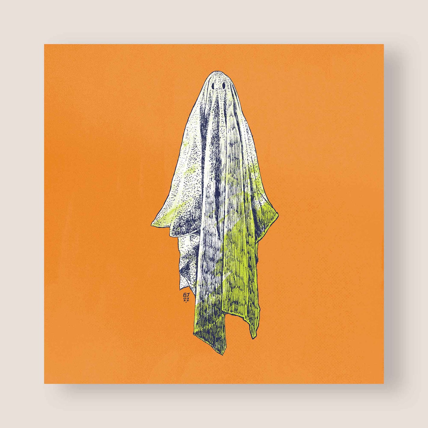 Playful Ghost Greeting Card - Vibrant orange background - Bejojoart