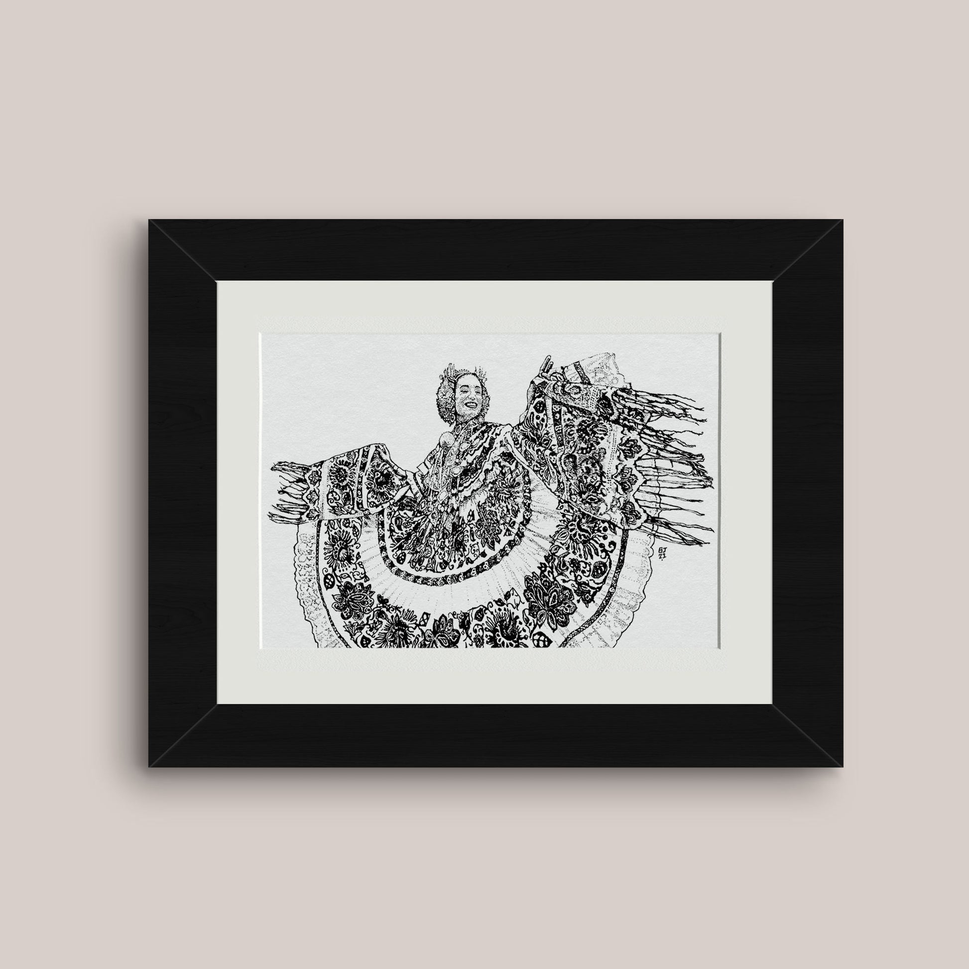 Detailed mounted black and white drawing print of Panama traditional dress Pollera with a black frame