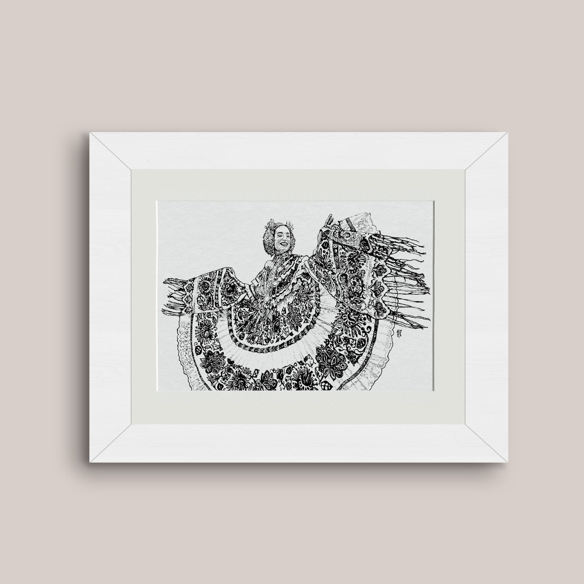 Detailed mounted black and white drawing print of Panama traditional dress Pollera with a white frame