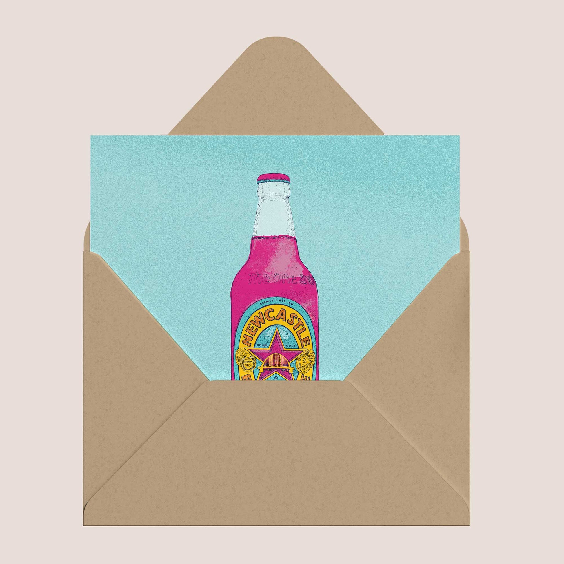 Pop Art Newcastle Brown Ale Card - Vibrant Beer Bottle Illustration - Bejojoart