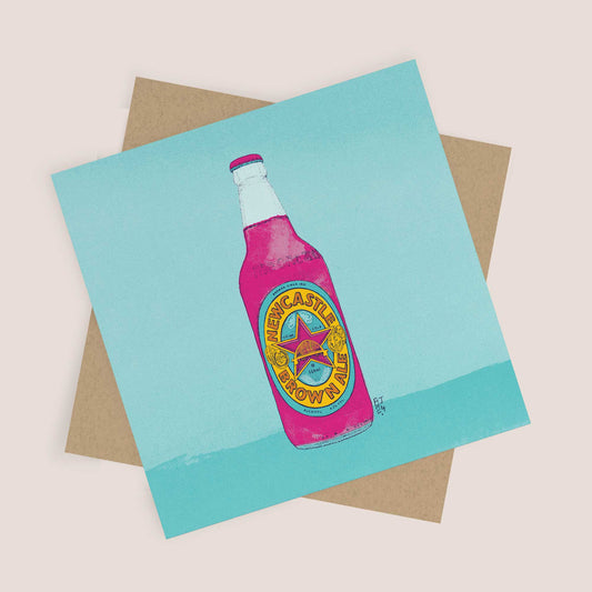 Pop Art Newcastle Brown Ale Card - Vibrant Beer Bottle Illustration - Bejojoart