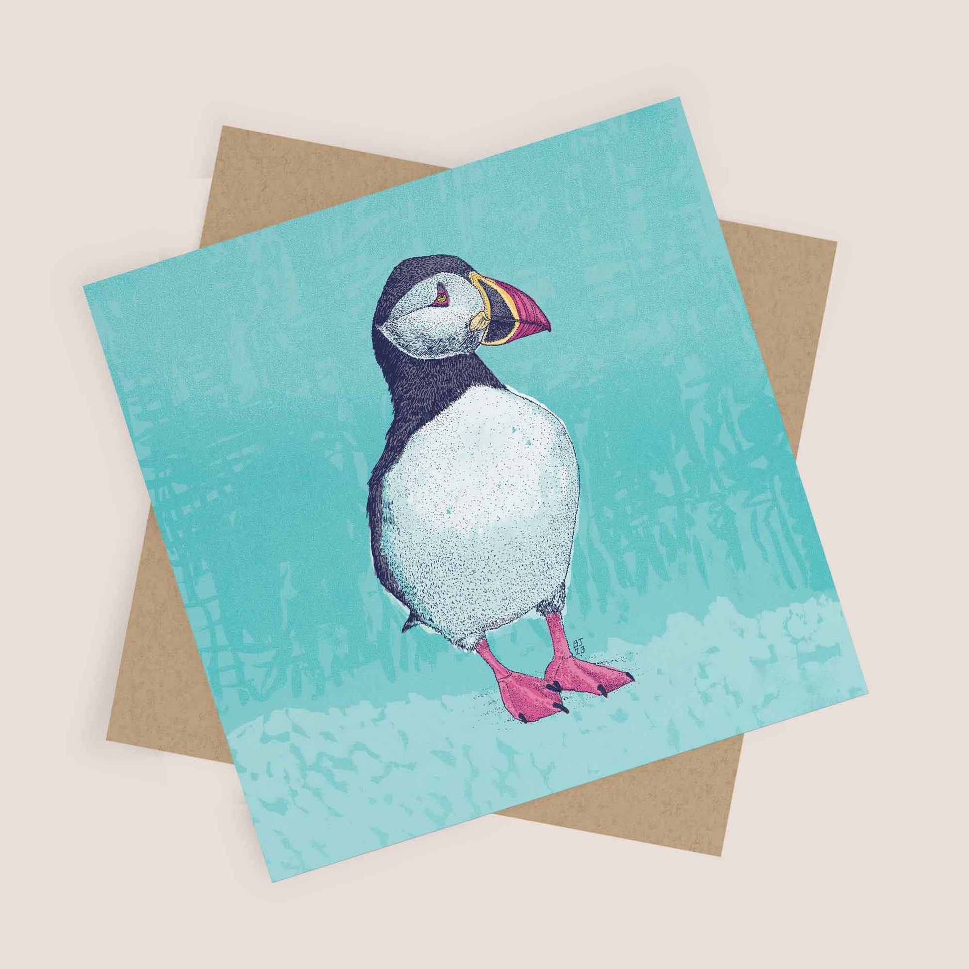 Puffin card - Cute Puffin on Blue Background - Bejojoart