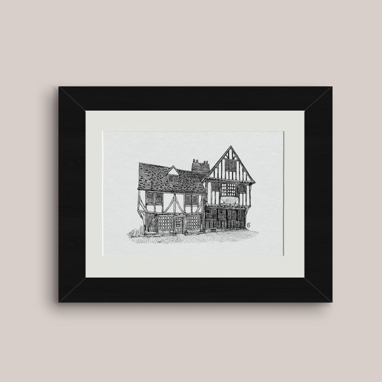 Detailed mounted black and white pen drawing print of a timber framed house in York, black frame