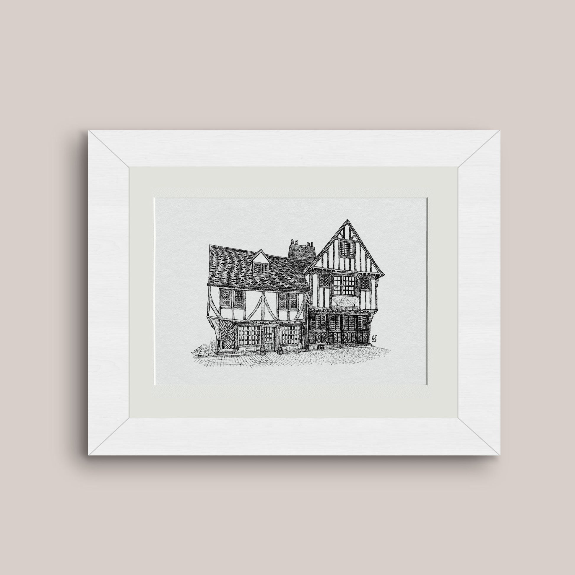 Detailed mounted black and white pen drawing print of a timber framed house in York, white frame