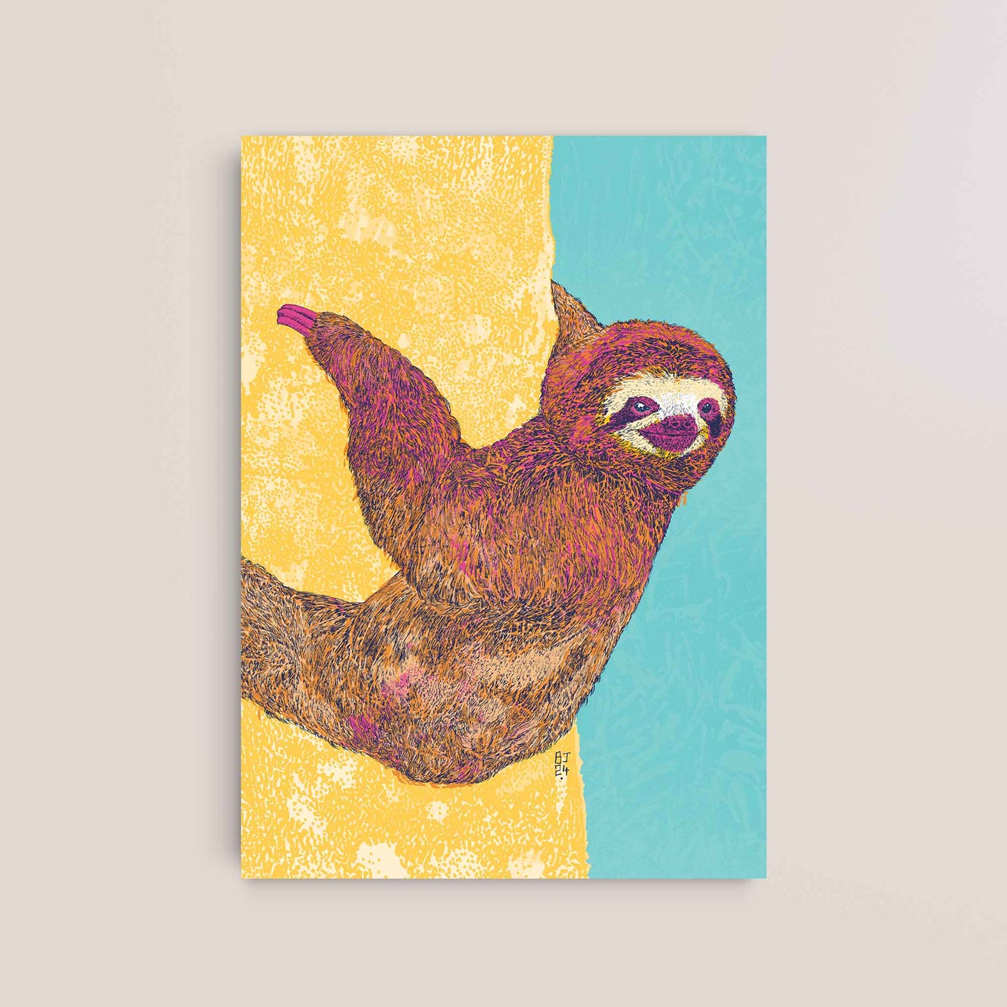 Sloth on a Tree - Vibrant Nature Print - Bejojoart