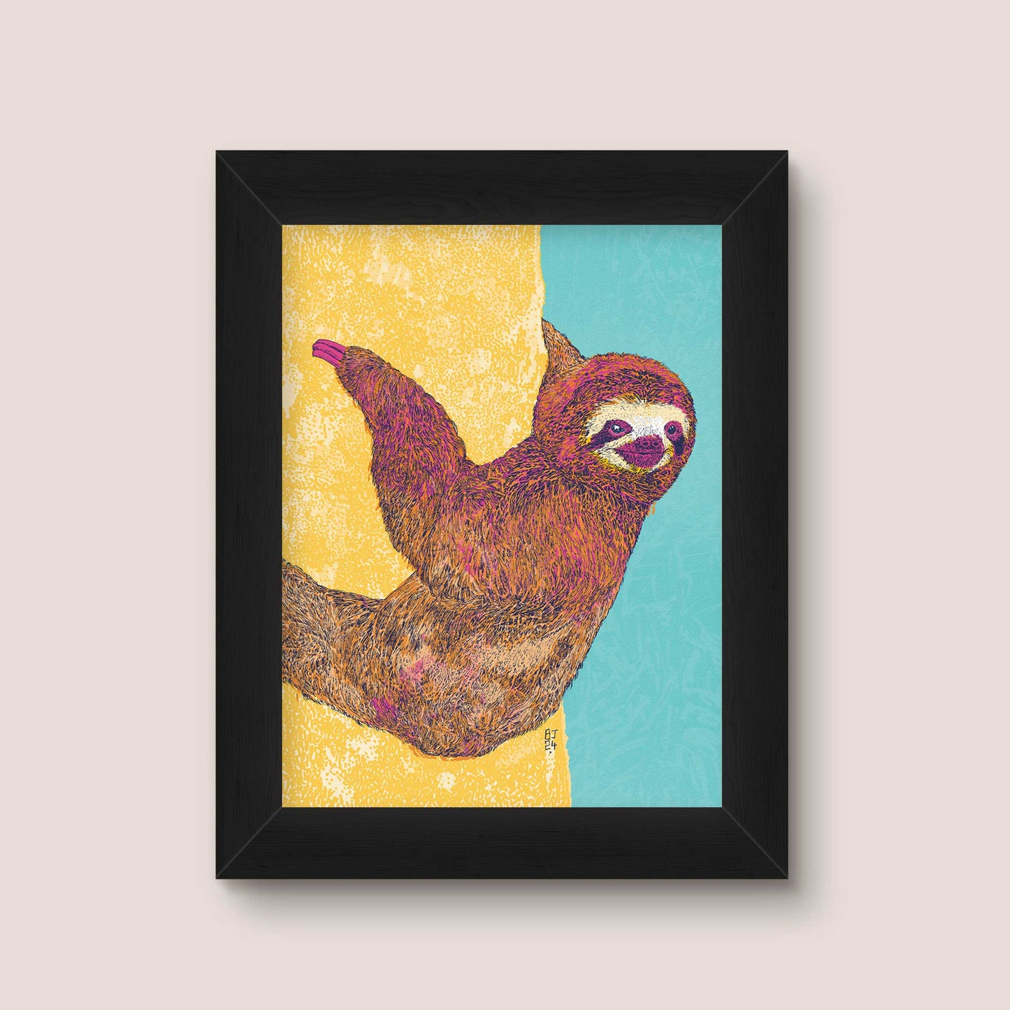 Sloth on a Tree - Vibrant Nature Print - Bejojoart