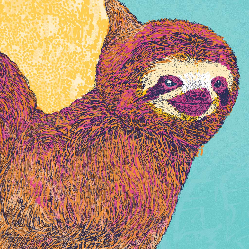 Sloth on a Tree - Vibrant Nature Print - Bejojoart