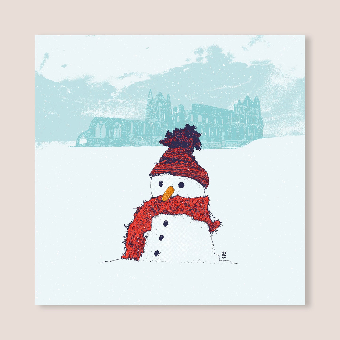 Snowman & Whitby Abbey Christmas Card - Bejojoart