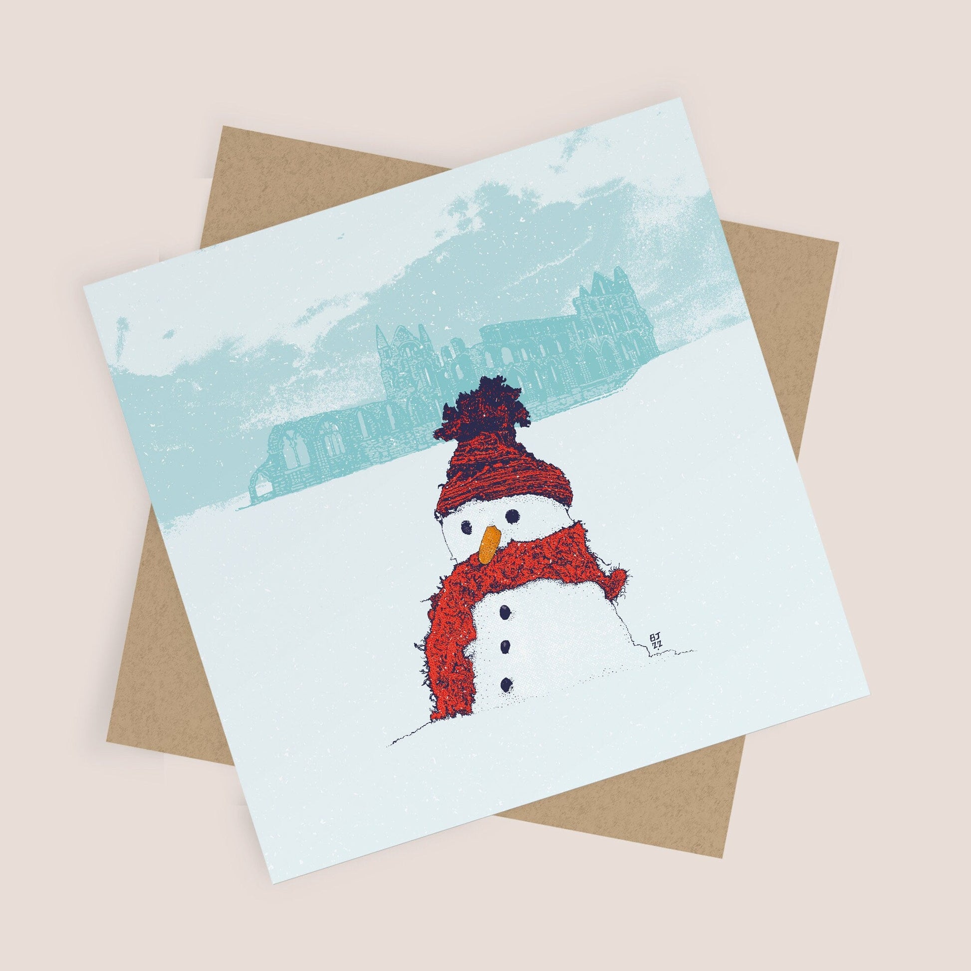 Snowman & Whitby Abbey Christmas Card - Bejojoart