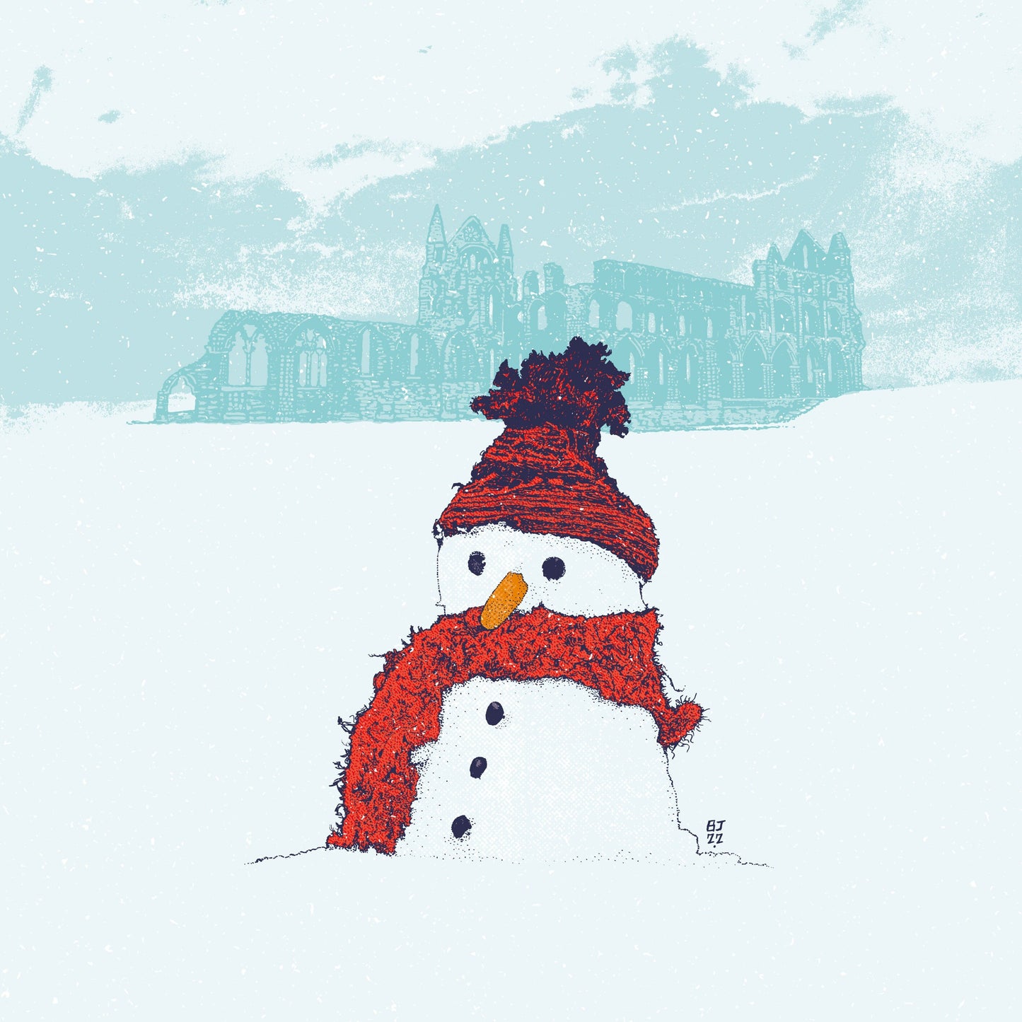 Snowman & Whitby Abbey Christmas Card - Bejojoart