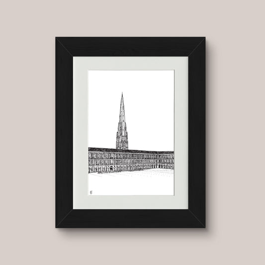 Detailed framed mounted drawing print of the Piece Hall, black frame