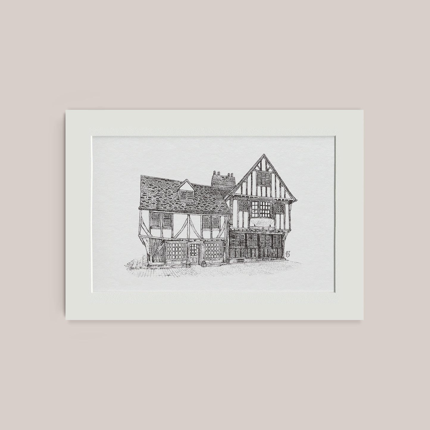 Detailed mounted black and white pen drawing print of a timber framed house in York