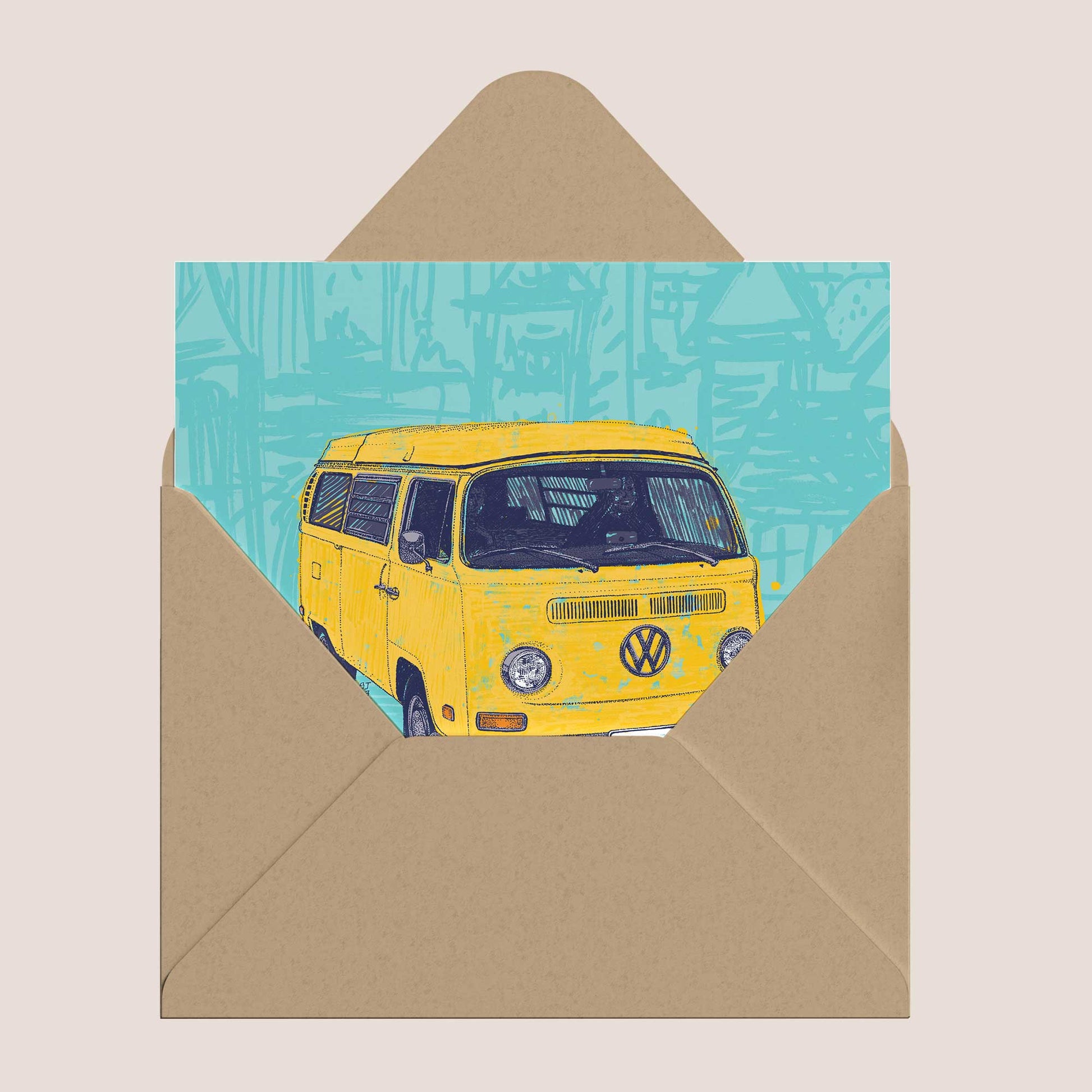 Vintage Yellow VW Camper Van Greeting Card - Retro Travel Art Print - Bejojoart