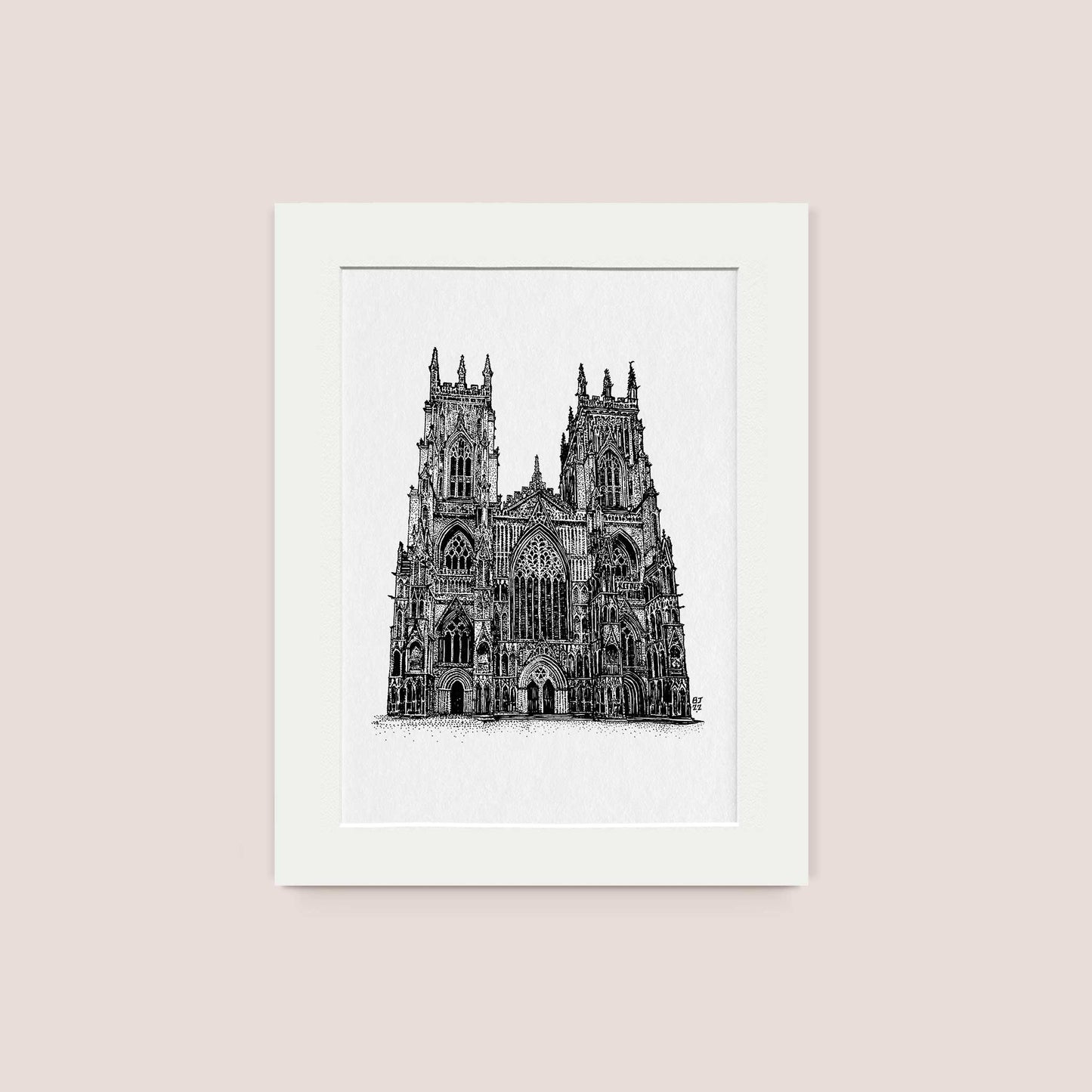 Detailed framed mounted drawing print of York Minster