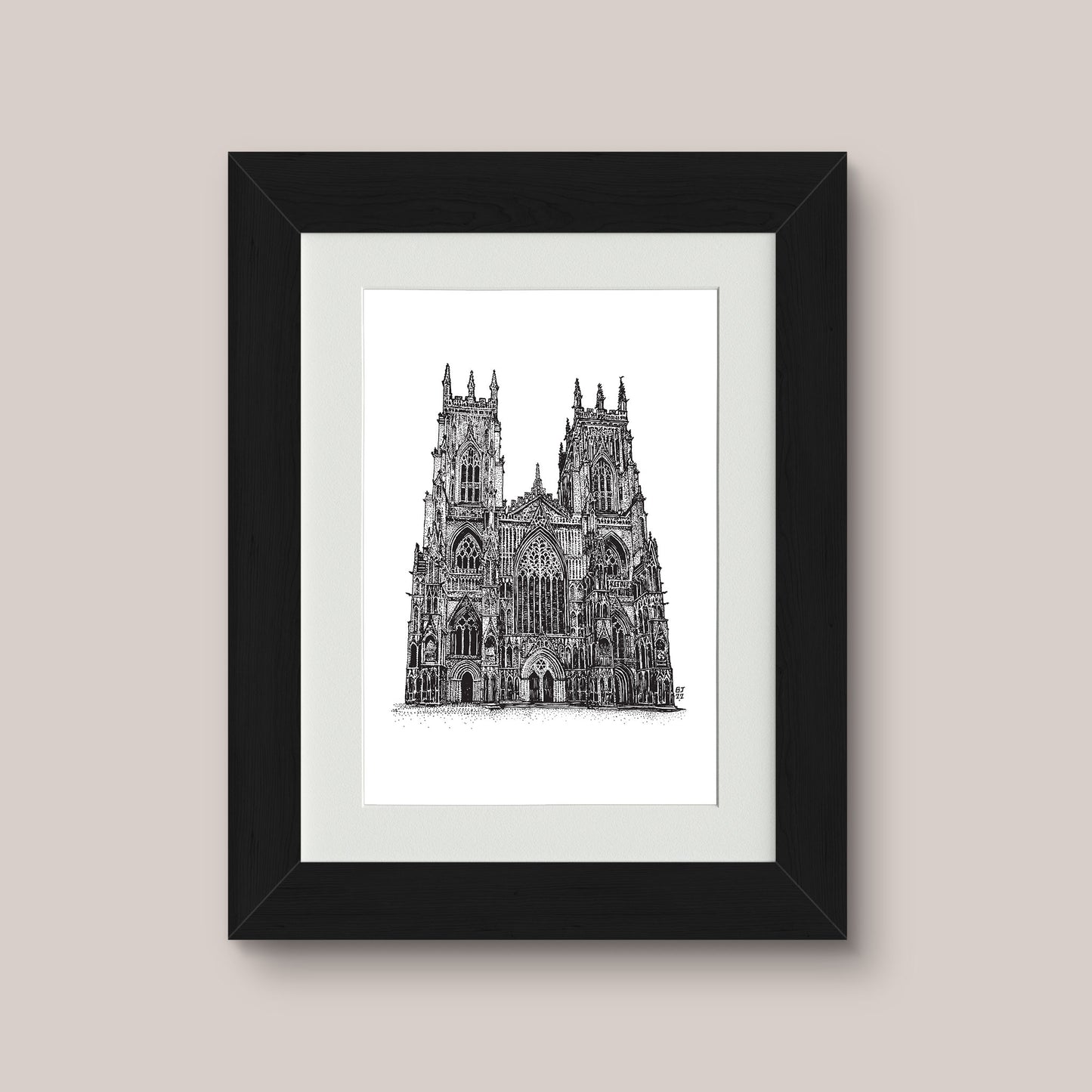 Detailed framed mounted drawing print of York Minster, black frame