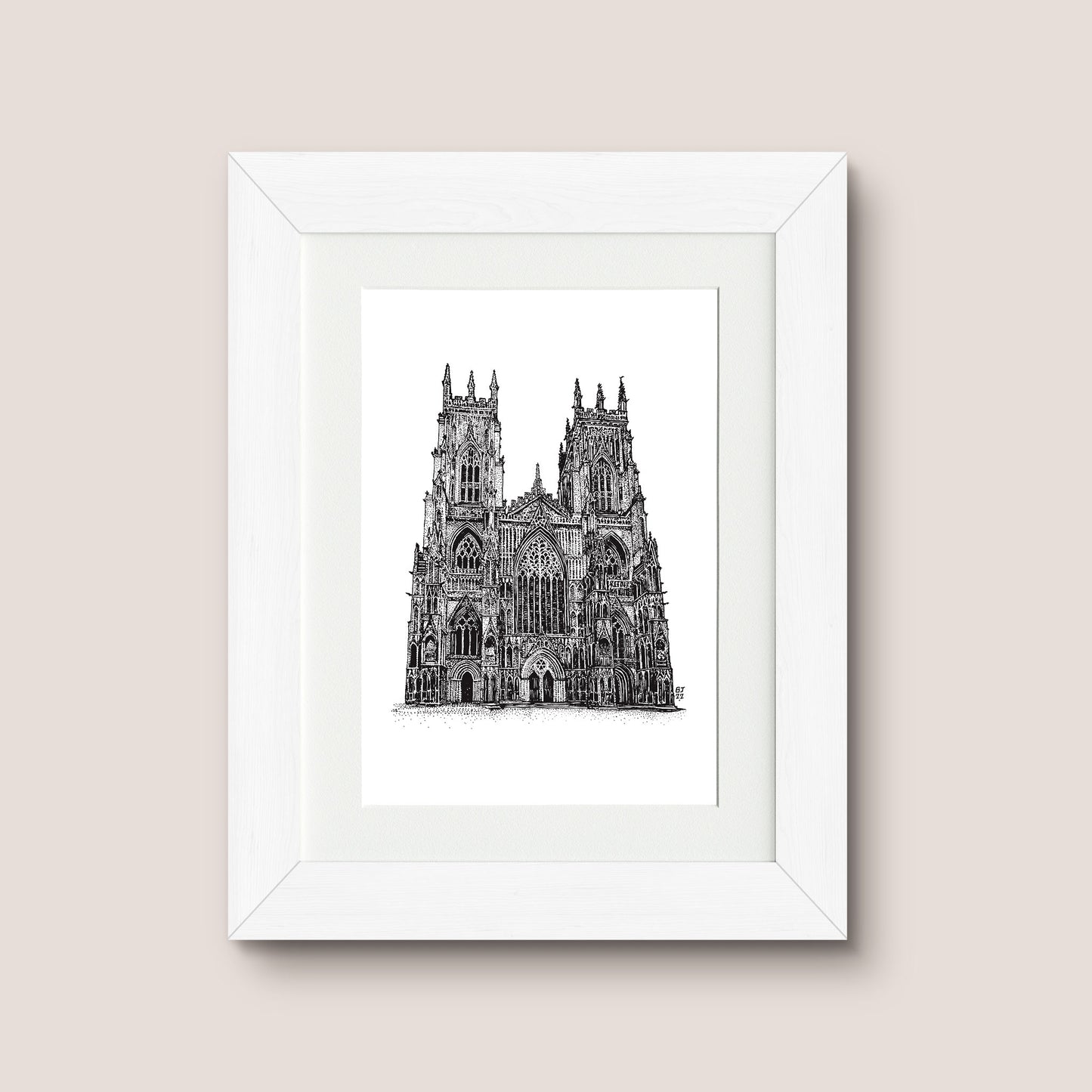 Detailed framed mounted drawing print of York Minster, white frame